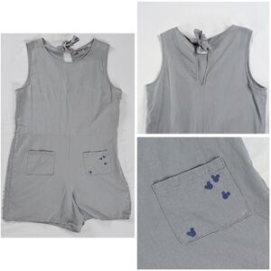Disney Junk Food Linen Blue Gray Embroidered Pocket Keyhole Open Back Romper